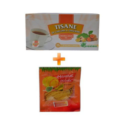 Agrandir l'image de Tisane De Curcuma & Gimgembre - 25 Sachets - 50grs + Mangue Sechée - 50grs Image de Tisane De Curcuma & Gimgembre - 25 Sachets - 50grs + Mangue Sechée - 50grs