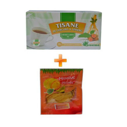 Agrandir l'image de Tisane De Curcuma & Ginseng - 25 Sachets - 50grs + Mangue Sechée - 50grs Image de Tisane De Curcuma & Ginseng - 25 Sachets - 50grs + Mangue Sechée - 50grs