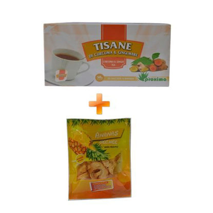 Agrandir l'image de Tisane De Curcuma & Gimgembre - 25 Sachets - 50grs + Ananas Seché - 50grs Image de Tisane De Curcuma & Gimgembre - 25 Sachets - 50grs + Ananas Seché - 50grs