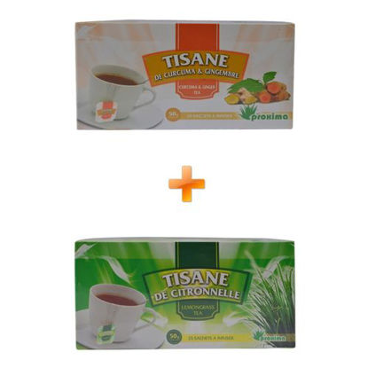 Agrandir l'image de Tisane De Curcuma & Gimgembre - 25 Sachets - 50grs + Tisane De Citronnelle - 25 Sachets Image de Tisane De Curcuma & Gimgembre - 25 Sachets - 50grs + Tisane De Citronnelle - 25 Sachets