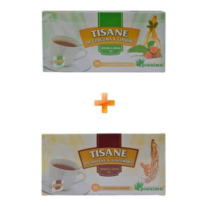 Agrandir l'image de Tisane De Curcuma Et Ginseng - 25 Sachets - 50grs + Tisane De Ginseng Et Gingembre - 25 Sachets - 50grs Image de Tisane De Curcuma Et Ginseng - 25 Sachets - 50grs + Tisane De Ginseng Et Gingembre - 25 Sachets - 50grs