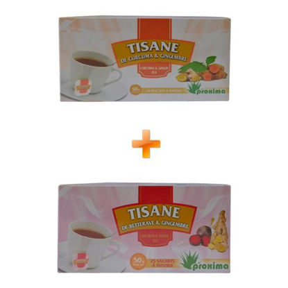 Agrandir l'image de Tisane De Curcuma & Gimgembre - 25 Sachets - 50grs + Tisane De Betterave & Gimgembre - 25 Sachets - 50grs Image de Tisane De Curcuma & Gimgembre - 25 Sachets - 50grs + Tisane De Betterave & Gimgembre - 25 Sachets - 50grs