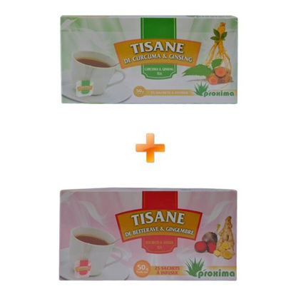 Agrandir l'image de Tisane De Curcuma & Ginseng - 25 Sachets - 50grs + Tisane De Betterave & Gimgembre - 25 Sachets - 50grs Image de Tisane De Curcuma & Ginseng - 25 Sachets - 50grs + Tisane De Betterave & Gimgembre - 25 Sachets - 50grs