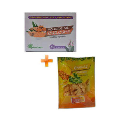 Agrandir l'image de Poudre De Curcuma - 20 Sachets - 80grs + Ananas Seché - 50grs Image de Poudre De Curcuma - 20 Sachets - 80grs + Ananas Seché - 50grs
