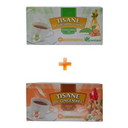 Agrandir l'image de Tisane De Gimgembre - 25 Sachets - 50grs + Tisane De Curcuma & Ginseng - 25 Sachets - 50grs Image de Tisane De Gimgembre - 25 Sachets - 50grs + Tisane De Curcuma & Ginseng - 25 Sachets - 50grs