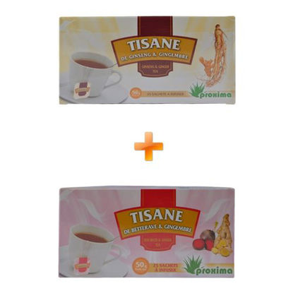 Agrandir l'image de Tisane De Ginseng & Gimgembre - 25 Sachets - 50grs + Tisane De Betterave & Gimgembre - 25 Sachets - 50grs Image de Tisane De Ginseng & Gimgembre - 25 Sachets - 50grs + Tisane De Betterave & Gimgembre - 25 Sachets - 50grs