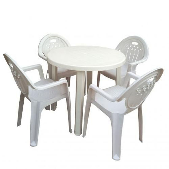 Image sur Table Ronde + 4 Chaises Plastique - Blanc