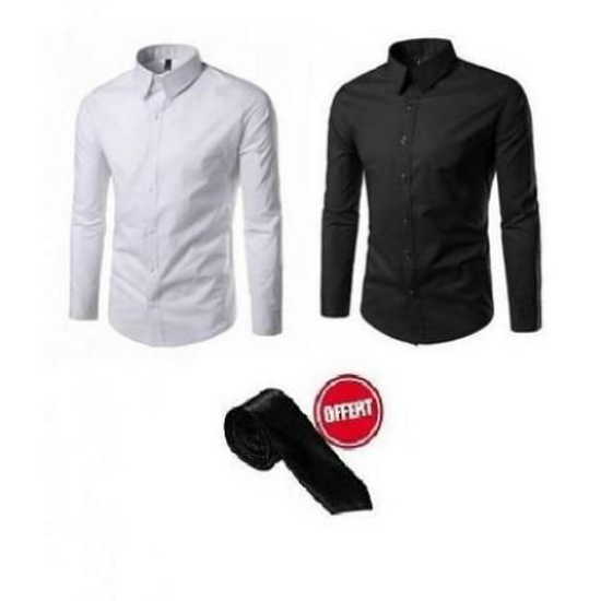 Image sur Chemise - 2 Pièces -  Blanc Et Noir + Cravatte Offerte