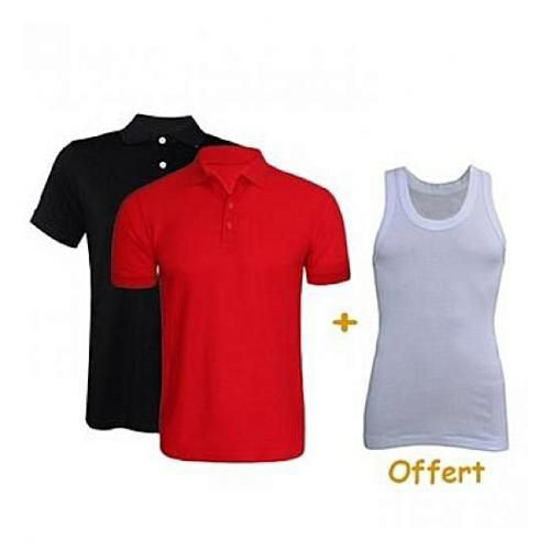 Image sur Polo En Coton - 2 Pièces - Noir Et Rouge et 1 debardeur offert
