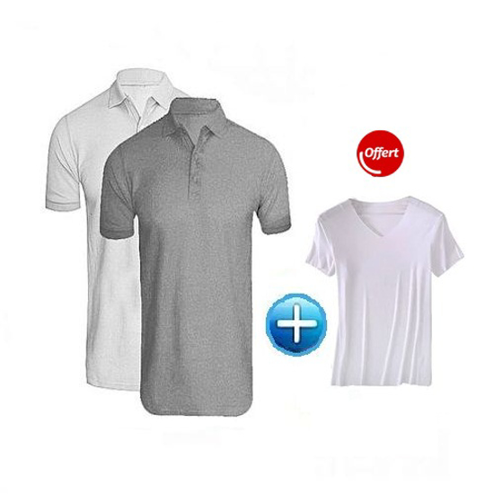 Image sur Polo En Coton - 2 Pièces - Blanc Et Gris + 1 T-Shirt offert