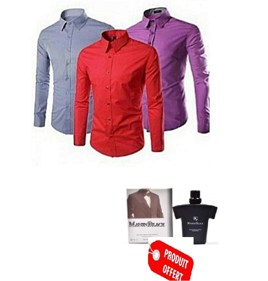 Image sur Lot de 3 Chemises En Coton - Bleu, Violet Et Rouge + Parfum offert