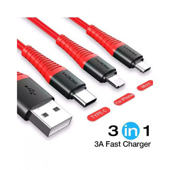 Image sur Câble Micro Pour Charge Rapide 3 En 1 - Nylon Tressé - 1,2m - Rouge
