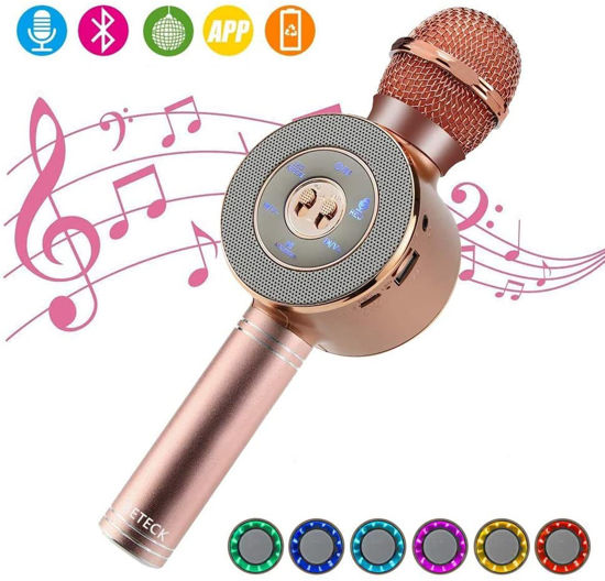 Image sur Microphone karaoké sans fil Bluetooth portable avec lumières colorées LED, prend en charge la carte TF, AUX, mémoire USB, compatible avec Android