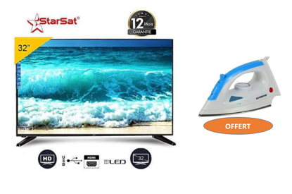 Image de Vente flash - TV LED -Starsat - ultra slim - 32" - AC/DC - fonctionnalité solaire - HD - Noir - 12 mois + 1 Fer A Repasser - Kenbrook - 1200W Offert