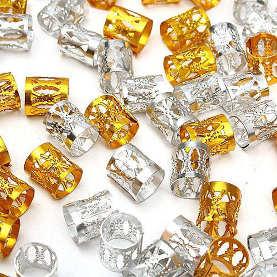 Image sur Perles De Cheveux Tressé En Aluminium - 50 Pièces - Gris Argent Et Jaune Or