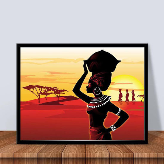 Tableau africain - Femme avec marmite sur la tête
