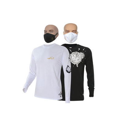 Image de T-shirt en coton longues manches + masque - Tache blanche et semelle noire - 2 pièces - Made in Cameroon - Blanc et noir