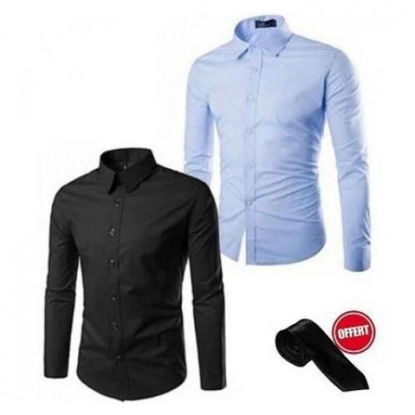 Image de Chemise - 2 Pièces -  Bleu Ciel Et Noir + Cravatte Offerte