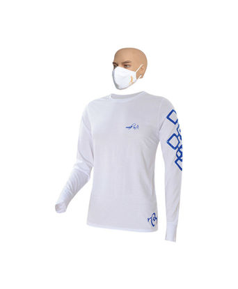 Image de T-shirt longues manches en coton + masque - Carreaux bleu - Made in cameroon - Blanc