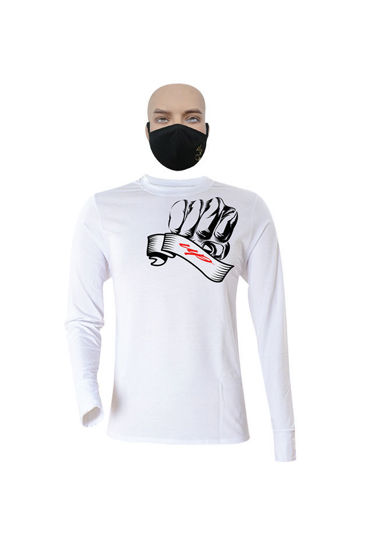 Image sur T-shirt en coton - Longues manches + masque - Up collection - Made in Cameroon - Blanc