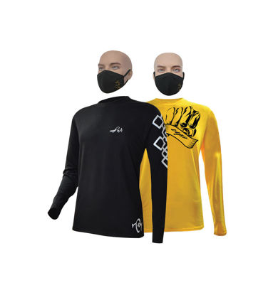 Image de T-shirt en coton longues manches + masque - Carreaux blanc et Up collection - 2 pièces - Made in Cameroon - Noir et jaune