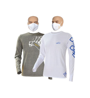 Image de T-shirt en coton longues manches + masque - Carreaux beu et Up collection - 2 pièces - Made in Cameroon - Blanc et gri