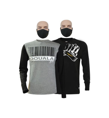 Agrandir l'image de T-shirt en coton longues manches + masque - Douala et Up collection - 2 pièces - Made in Cameroon - Gris et noir Image de T-shirt en coton longues manches + masque - Douala et Up collection - 2 pièces - Made in Cameroon - Gris et noir