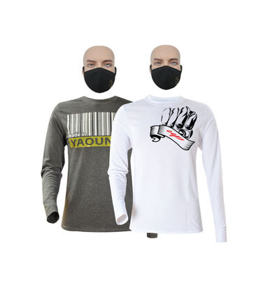 Image de T-shirt en coton longues manches + masque - Yaoundé et Up collection - 2 pièces - Made in Cameroon - Gris et Blanc