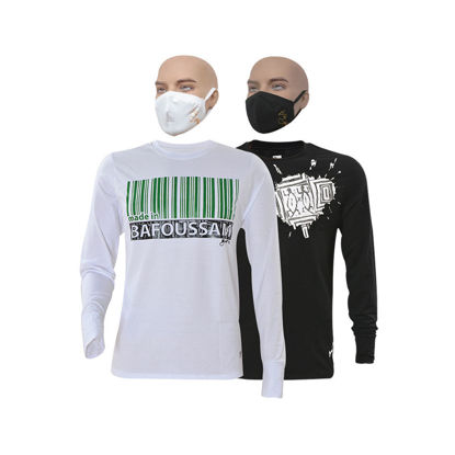 Image de T-shirt en coton longues manches + masque - Bafoussam et tache blanche - 2 pièces - Made in Cameroon - Gris et Blanc