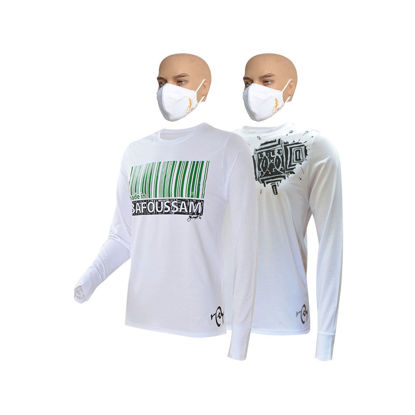 Image de T-shirt en coton longues manches + masque - Bafoussam et tache noire - 2 pièces - Made in Cameroon - Blanc