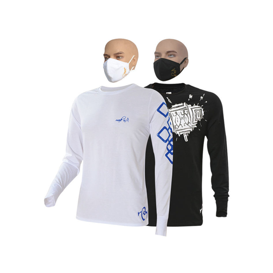 Image sur T-shirt en coton - Longues manches - Carreaux bleu et tache blanche - 2 pièces - Made in Cameroon - Blanc et Noir