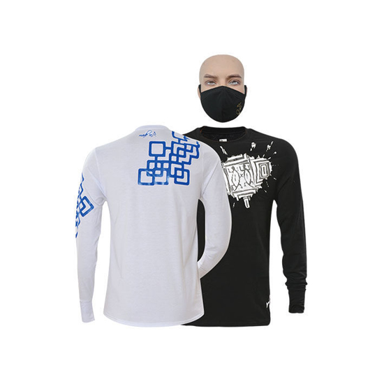 Image sur T-shirt en coton - Longues manches - Carreaux bleu et tache blanche - 2 pièces - Made in Cameroon - Blanc et Noir
