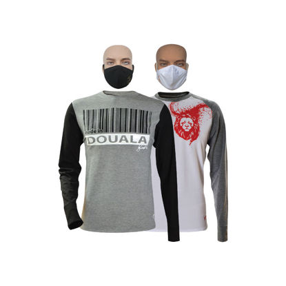 Image de T-shirt en coton - Longues manches + masque - Douala et lion - 2 pièces - Made in Cameroon - Blanc, Gris et Noir