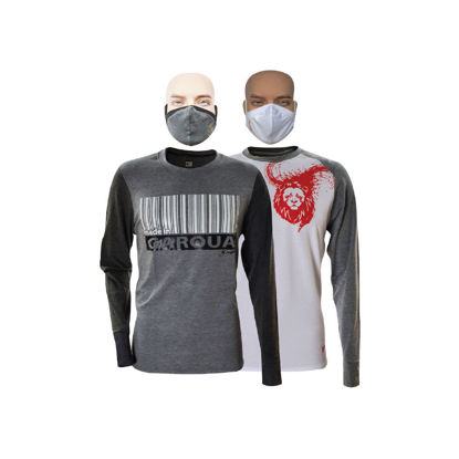 Image de T-shirt en coton - Longues manches + masque - Garoua et Lion indomptable - 2 pièces - Made in Cameroon - Gris et blanc