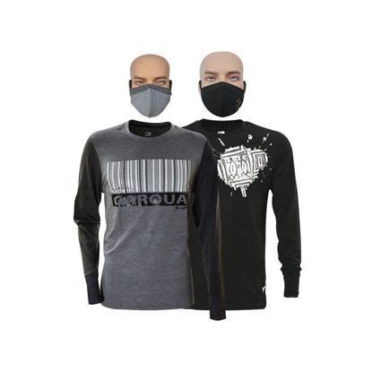 Image de T-shirt en coton - Longues manches + masque - Garoua et tache blanche - 2 pièces - Made in Cameroon - Gris et noir