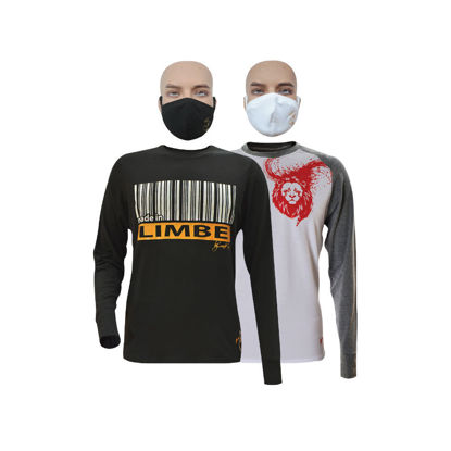 Image de T-shirt en coton - Longues manches + masque - Limbé et Lion indomptable - 2 pièces - Made in Cameroon -  Noir, Blanc et gris