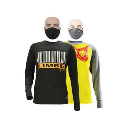 Image de T-shirt en coton - Longues manches + masque - Limbé et Lion indomptable - 2 pièces - Made in Cameroon - Noir, jaune et gris