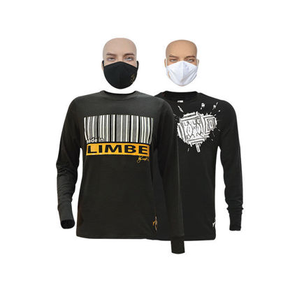 Image de T-shirt en coton - Longues manches + masque - Limbé et tache blanche - 2 pièces - Made in Cameroon - Noir