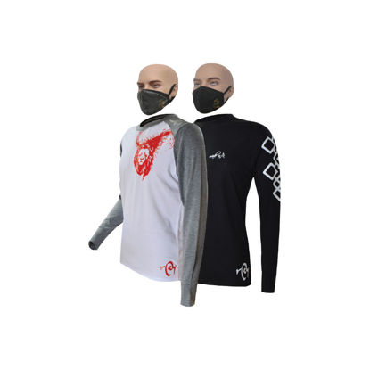 Image de T-shirt en coton - Longues manches + masque - Lion indomptable et carreaux blanc - 2 pièces - Made in Cameroon - Blanc, Gris et Noir