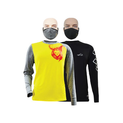 Image de T-shirt en coton - Longues manches + masque - Lion indomptable et carreaux blanc - 2 pièces - Made in Cameroon - Jaune, gris et noir