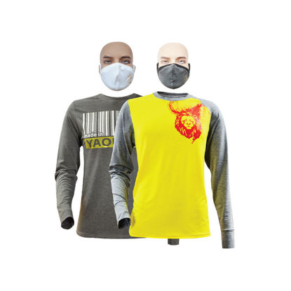 Image de T-shirt en coton - Longues manches + masque - Lion indomptable et Yaoundé - 2 pièces - Made in Cameroon - Gris et jaune