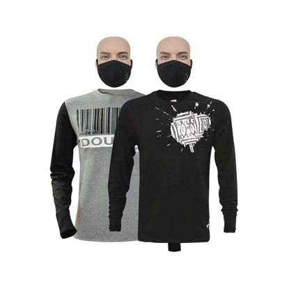 Image de T-shirt en coton - Longues manches + masque - Tache blanche et Douala - 2 pièces - Made in Cameroon - Gris et Noir