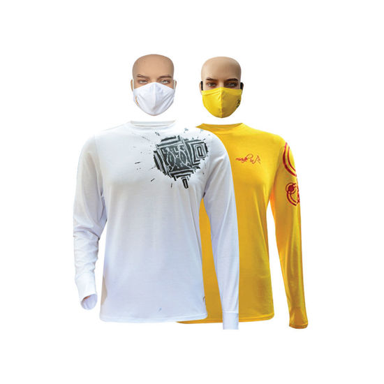 Image sur T-shirt en coton - Longues manches + masque - Tache noire et cercle rouge - 2 pièces - Made in Cameroon - Blanc et jaune