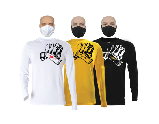 Image sur T-shirt en coton - Longues manches + masques - Up collection - 3 pièces - Made in Cameroon - Blanc, noir et jaune