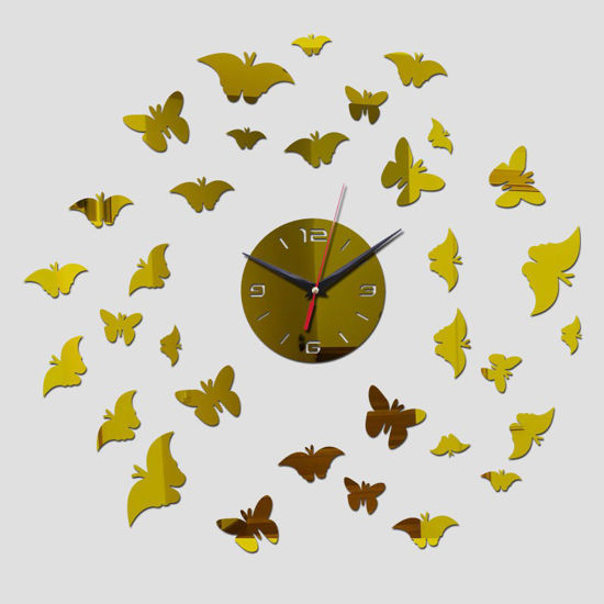 Image sur Horloge Murale 3D - Vol de Papillon - Autocollant - Gold