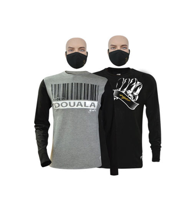 Image de T-shirt en coton - Longues manches + masques - Douala, semelle noire et Up collection - 3 pièces - Made in Cameroon - Gris, blanc et noir