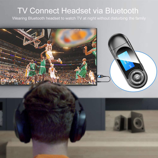 Image sur Émetteur Bluetooth 5.0 Récepteur 2 en 1 Émetteur visuel portable Bluetooth TV avec écran LCD, adaptateur audio Bluetooth sans fil 3,5 mm pour PC, TV, casque, stéréo domestique8