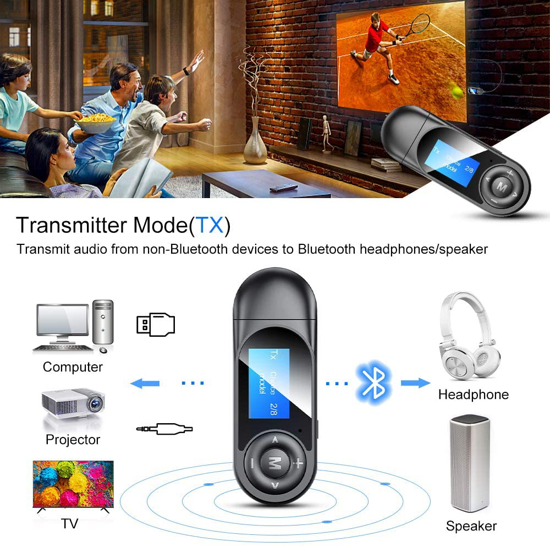 Image sur Émetteur Bluetooth 5.0 Récepteur 2 en 1 Émetteur visuel portable Bluetooth TV avec écran LCD, adaptateur audio Bluetooth sans fil 3,5 mm pour PC, TV, casque, stéréo domestique8
