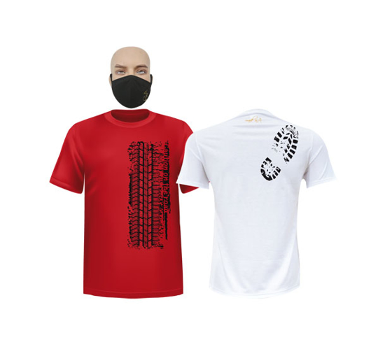 Image sur T-shirts en coton - Courtes manches + masque - Collection Pneu et  Semelle noire - Made in Cameroon - 2 pièces - Rouge et blanc