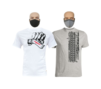 Image de T-shirts en coton - Courtes manches + masque - Up collection et Collection Pneu - Made in Cameroon - 2 pièces - Blanc et gris